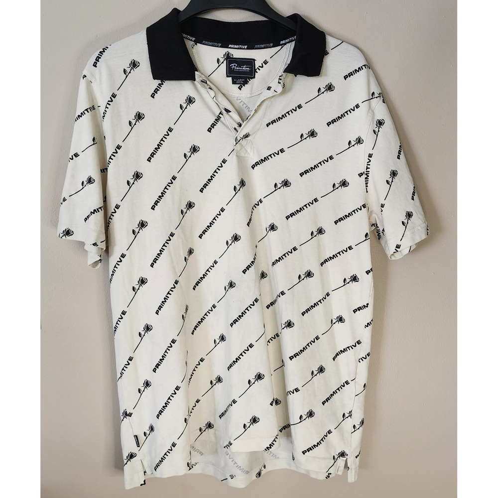 Primitive Skateboarding Polo Shirt Mens XL Cream Good Rose Logo Streetwear